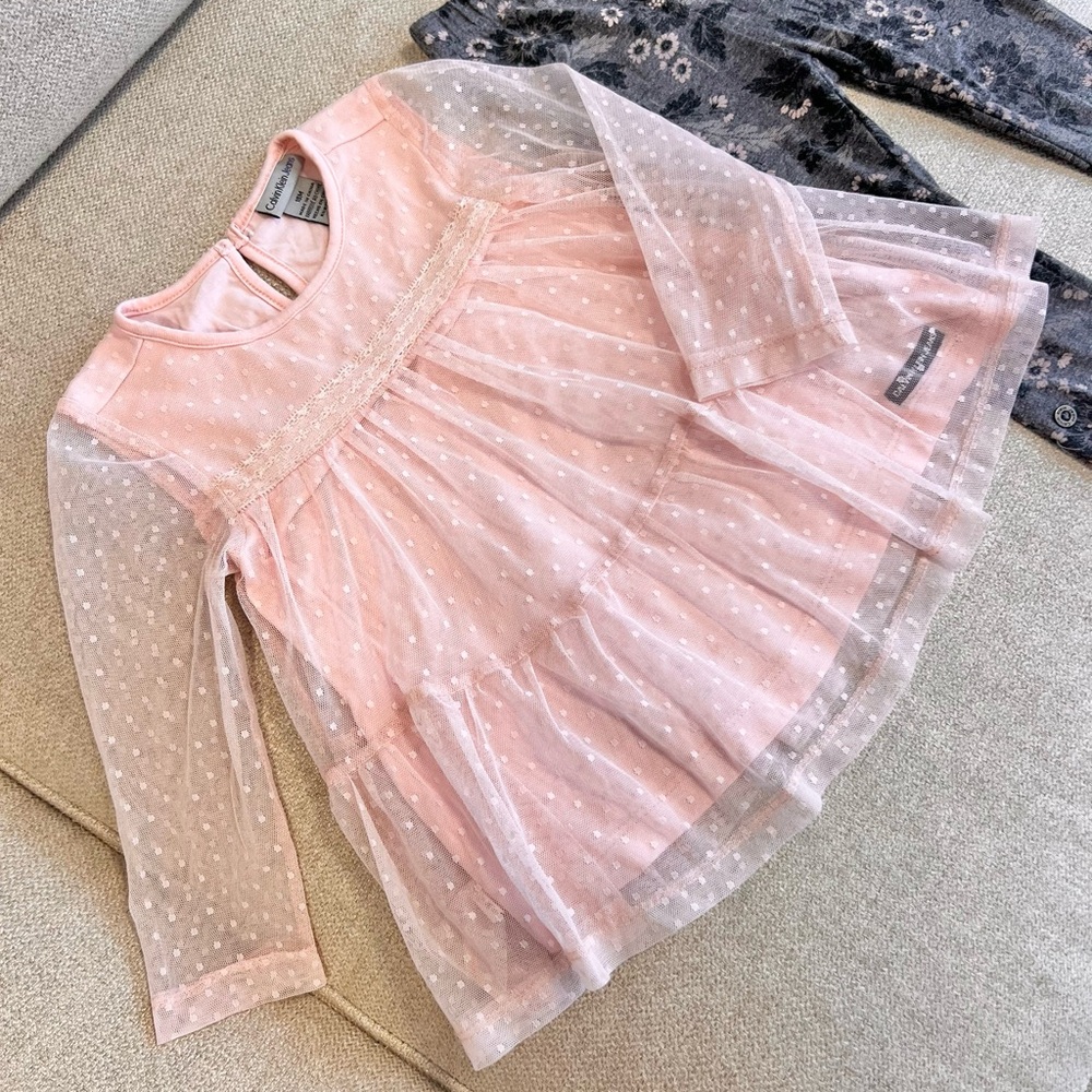 Calvin Klein Jeans Toddler Girl 18M Pink Swiss Dot Tulle Top,Floral Leggings Set - Picture 4 of 9
